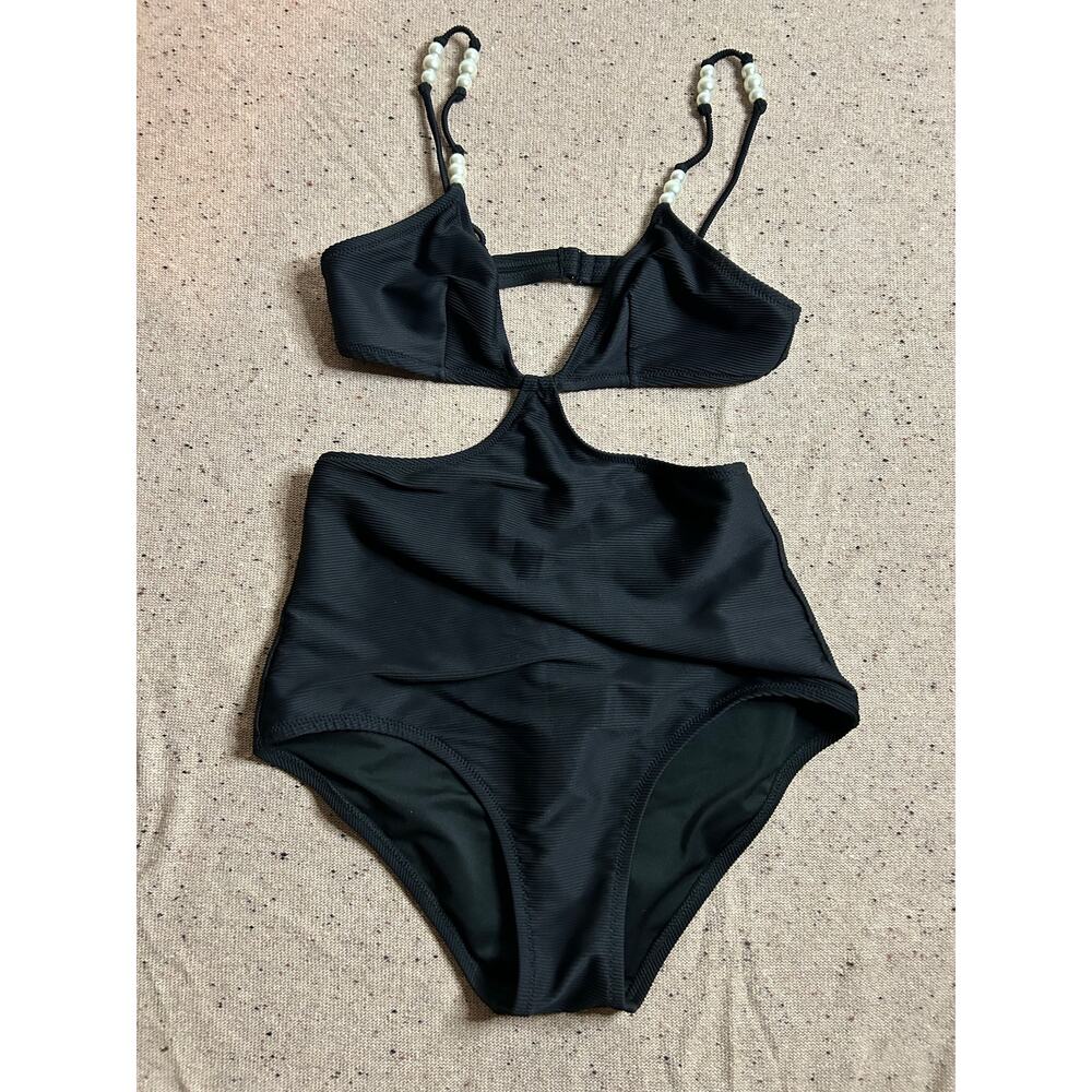 J.Crew Black One Piece Swimsuit Pearl Strap Open Midsection Cutout Size 6 NWT